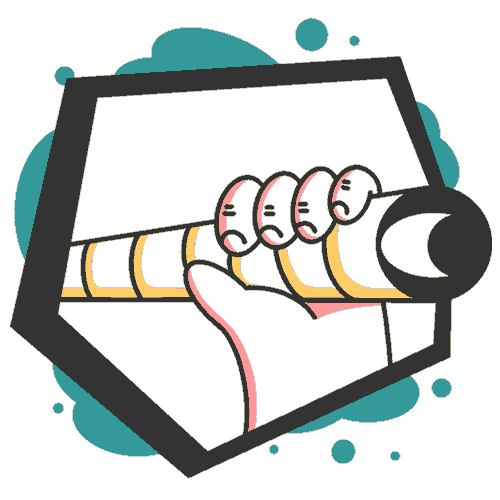 A hand holding a long telescope, there is an eye looking left and right at the end of the telescope